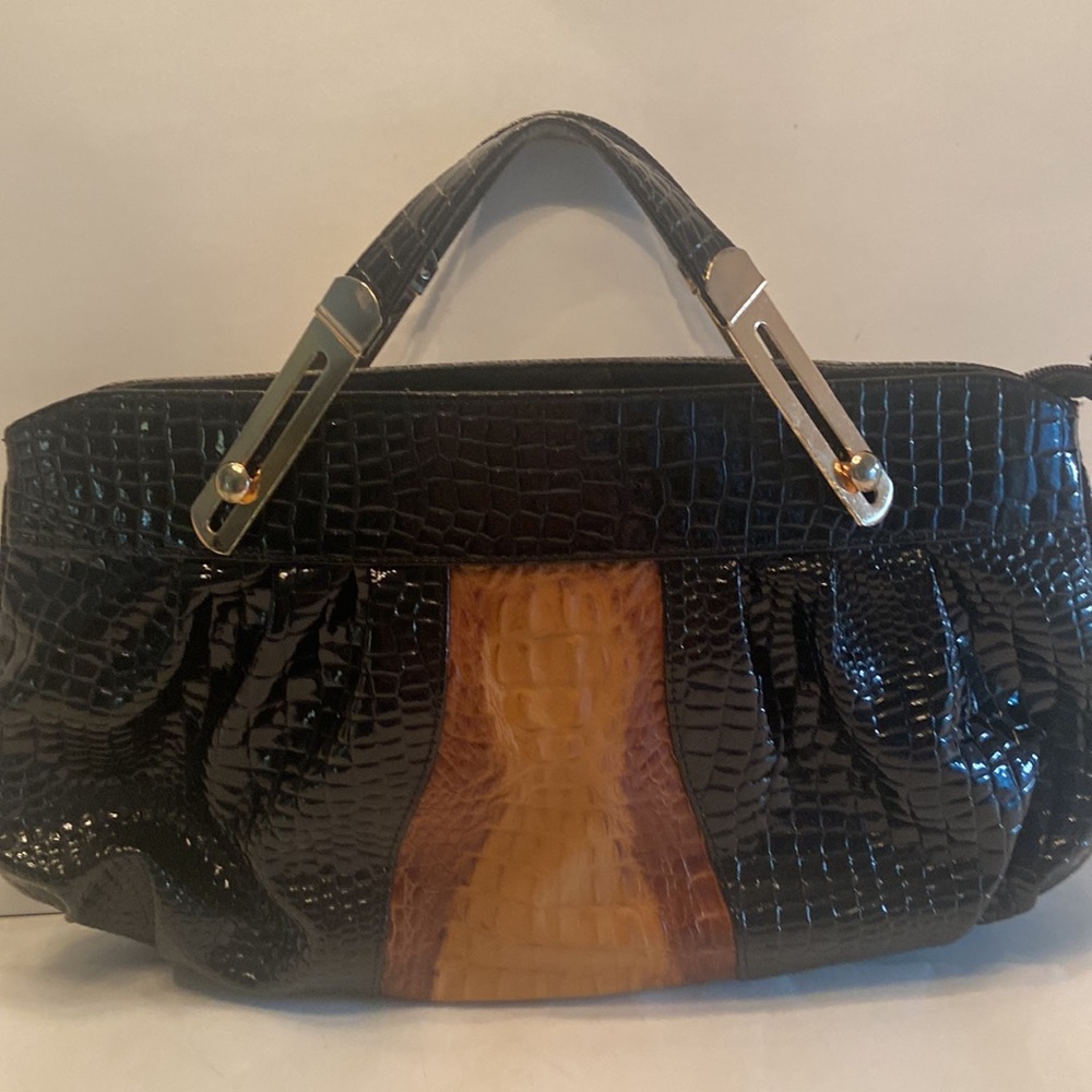 Black and beige large clutch bag gold tone hardware